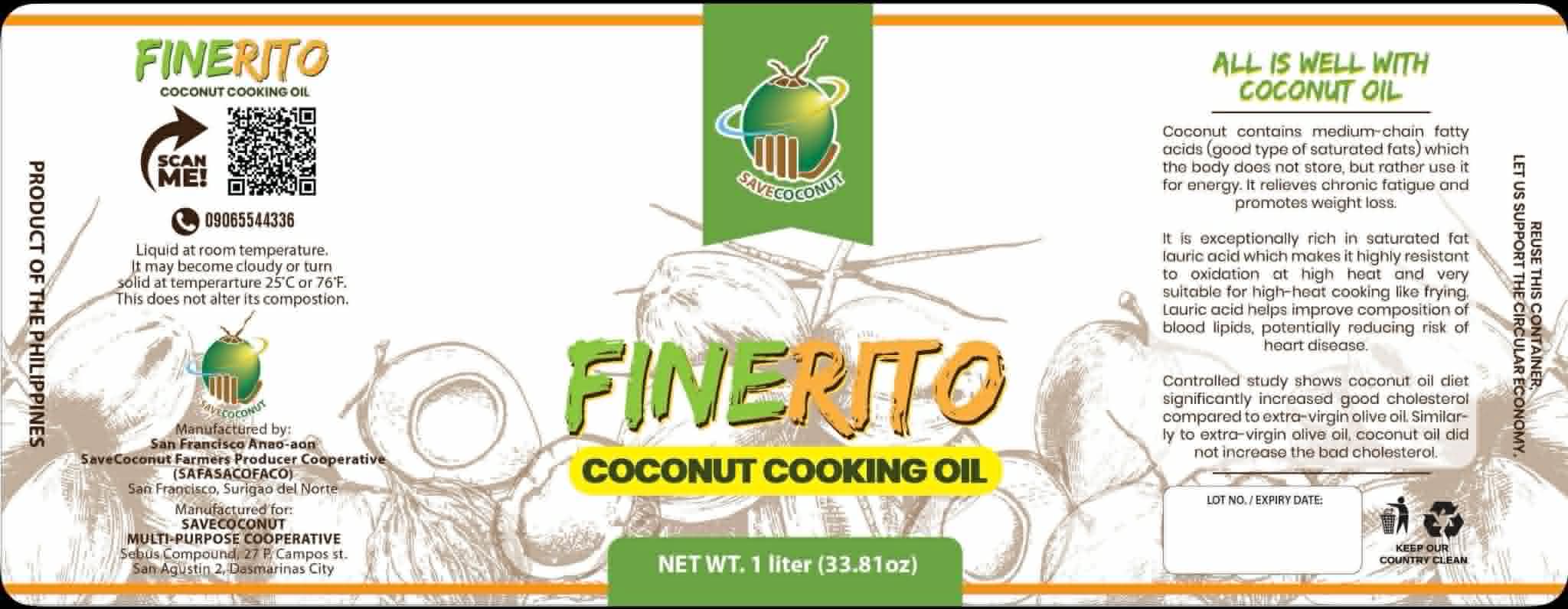 Finerito Coconut Cooking Oil product label, 1 liter